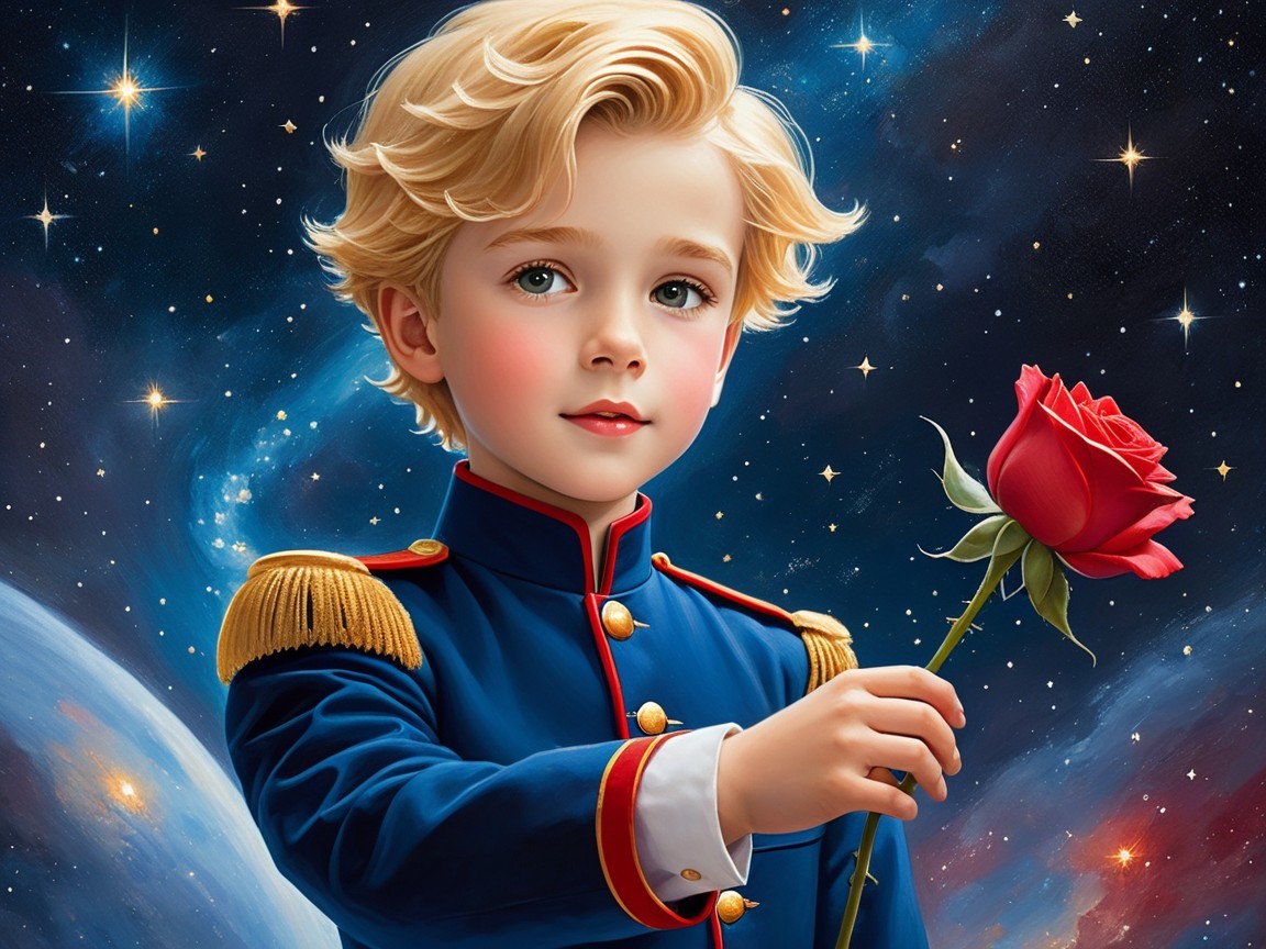 Young boy in blue uniform with red rose in cosmos
