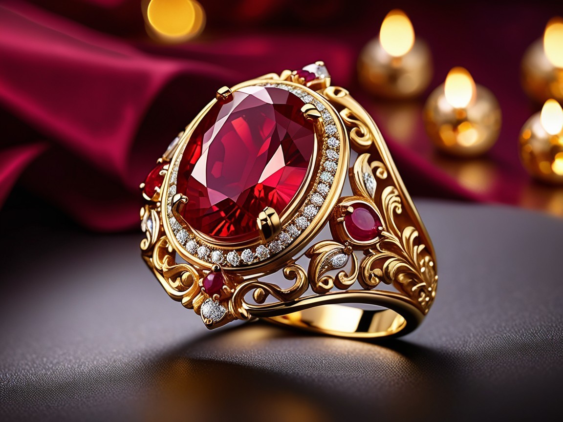 Elegant gold ring with red gemstone and floral designs