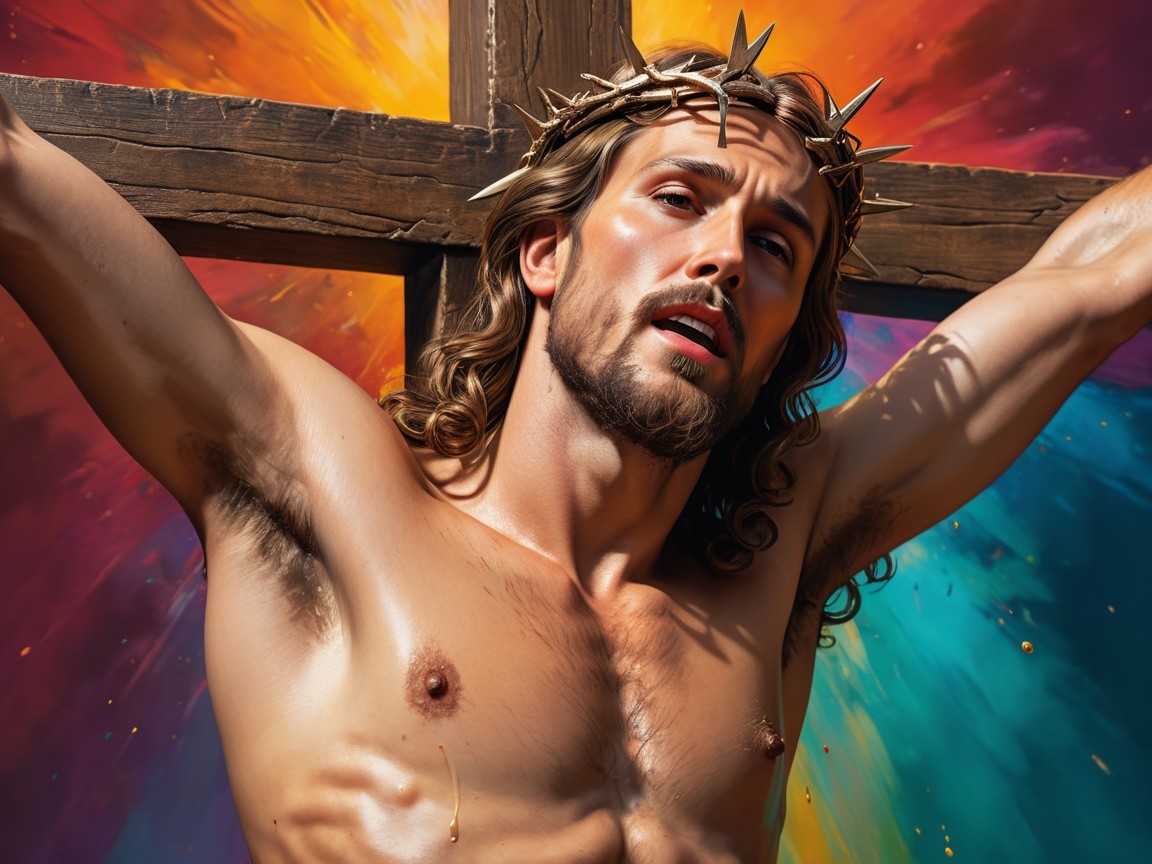 Muscular Figure with Crown of Thorns and Dramatic Pose