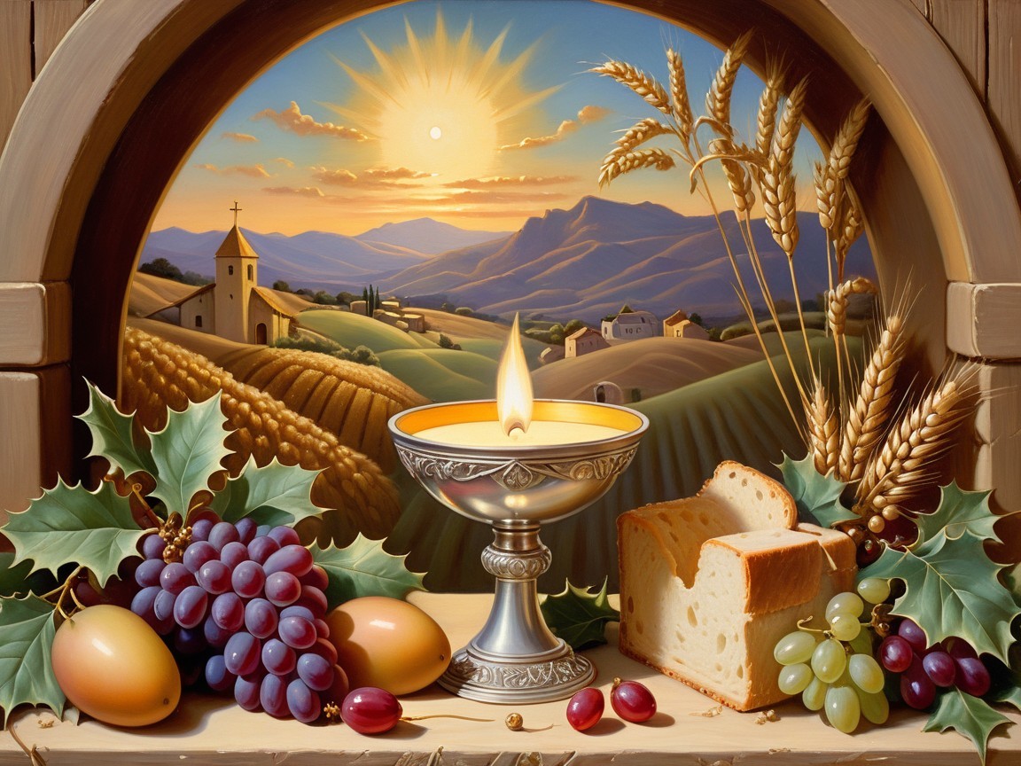 Serene Landscape with Candle and Abundant Feast