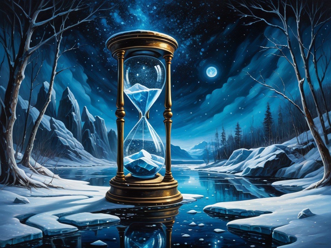 Mystical Winter Landscape with Hourglass and Mountains