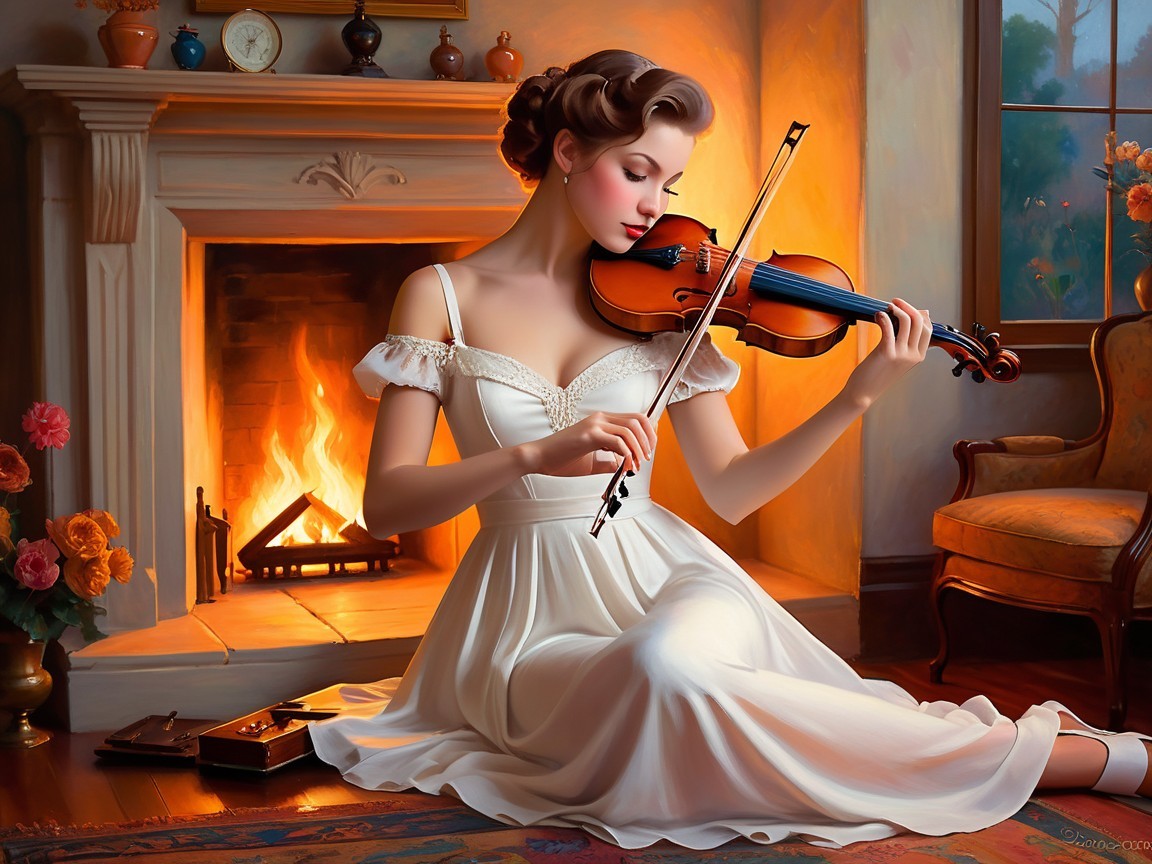 Young Woman in White Dress Playing Violin by Firelight