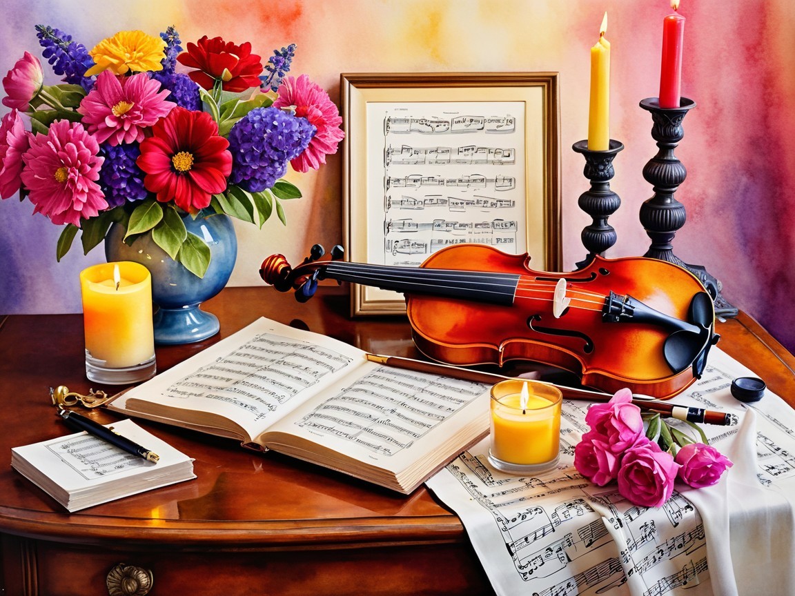 Elegant Tabletop with Flowers and Musical Elements