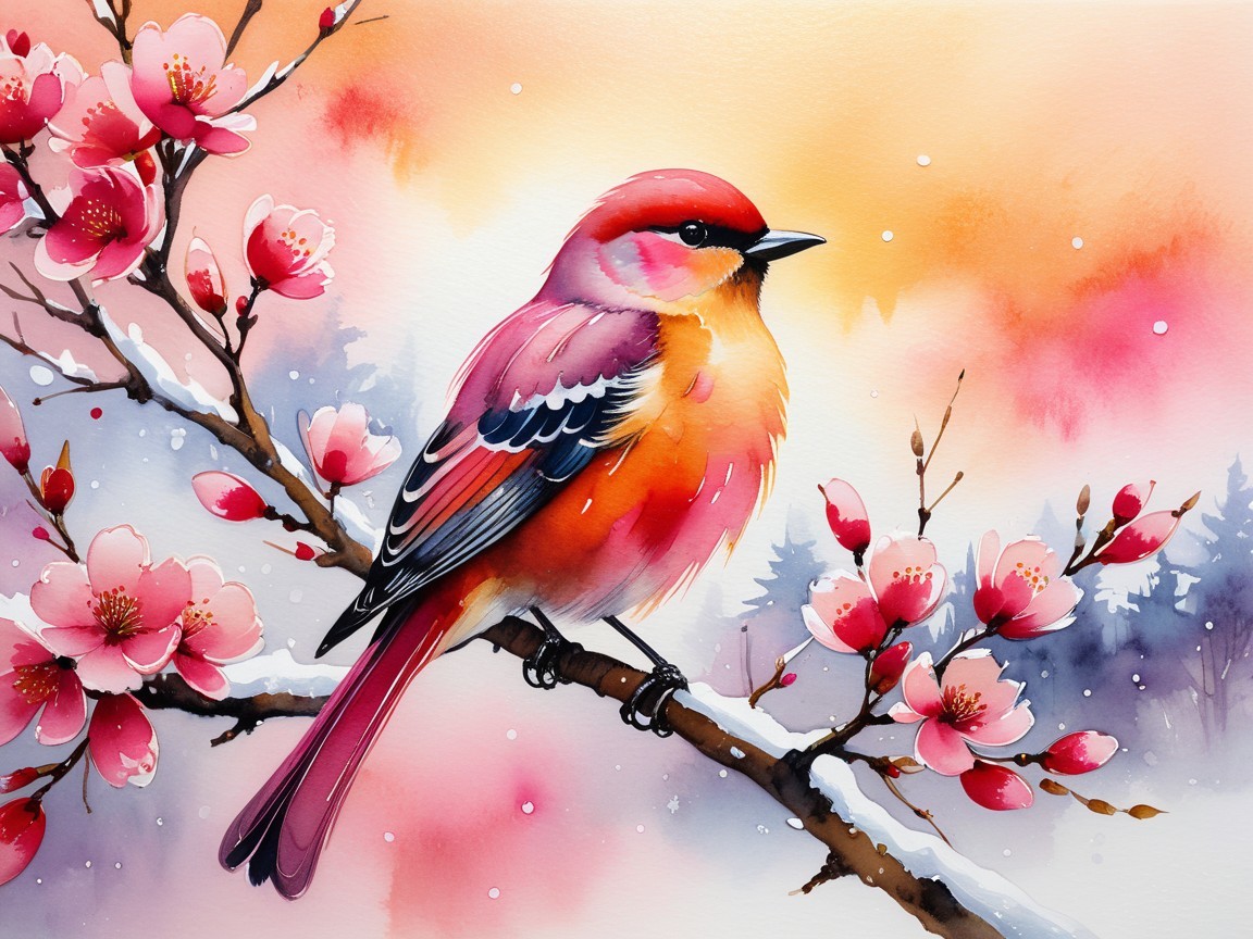 Watercolor Painting of a Bird on a Blossom Branch
