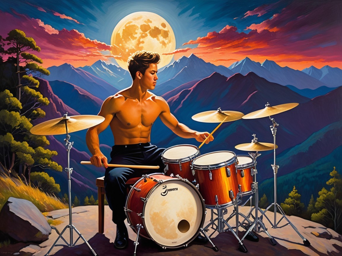Muscular Drummer on Rocky Ledge with Moonlit Landscape
