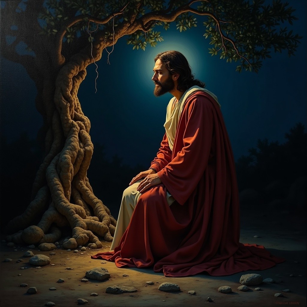 Serene Figure in Red Robe Under Ancient Tree