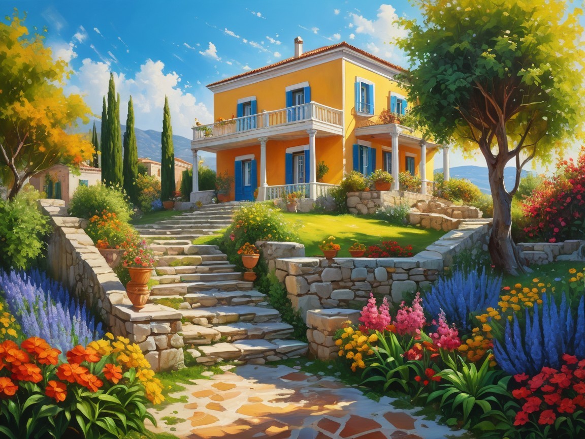 Bright Yellow House Surrounded by Colorful Garden