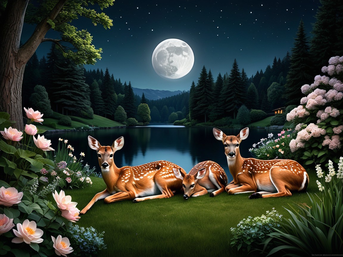Night Scene with Deer by a Tranquil Lake