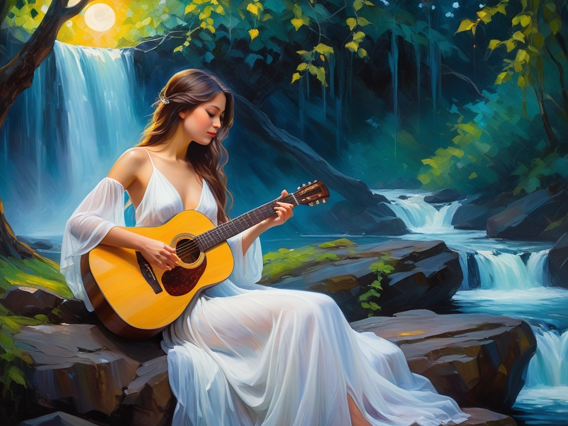 Young Woman Playing Guitar by a Tranquil Waterfall