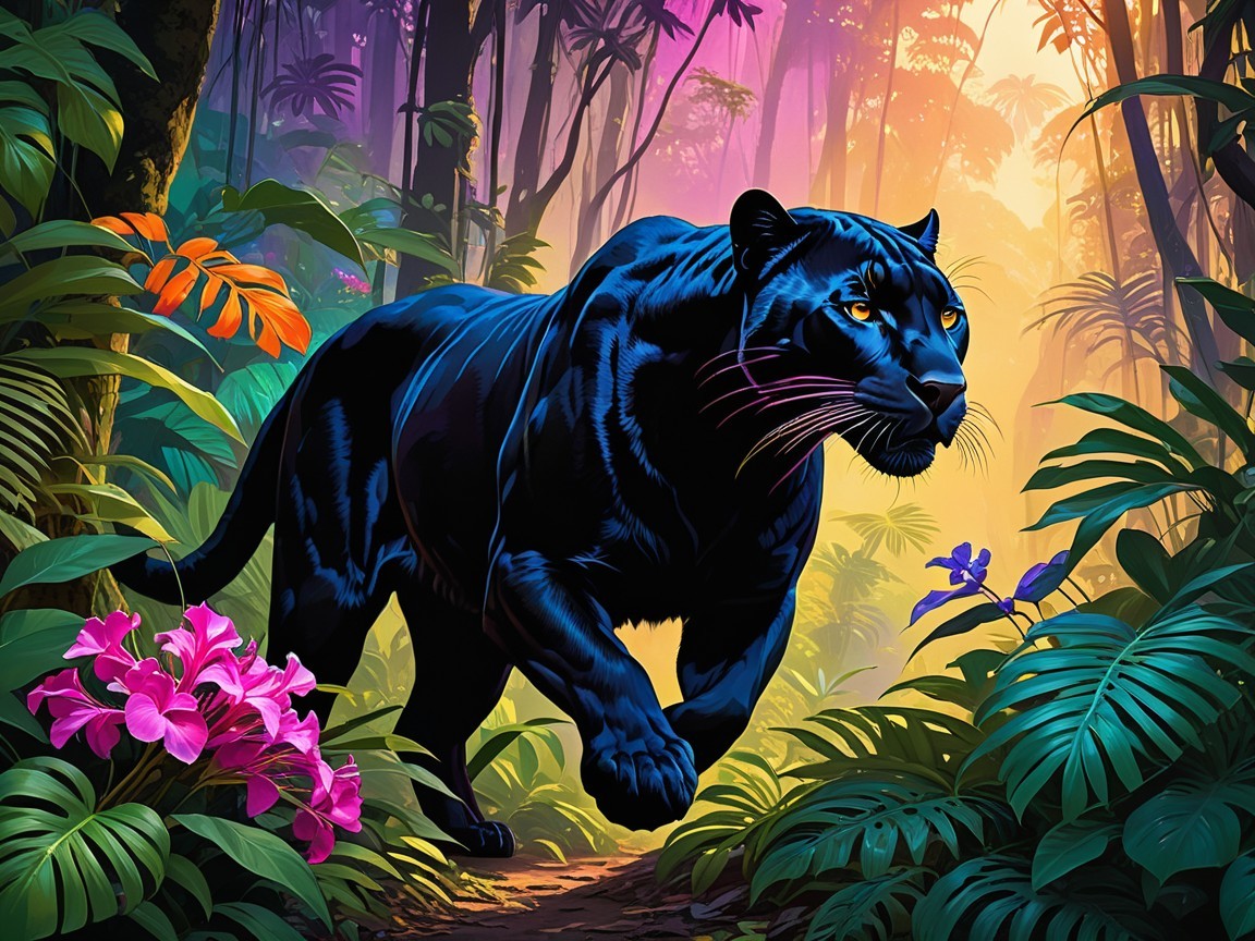 Black Panther in Lush Jungle with Colorful Flora