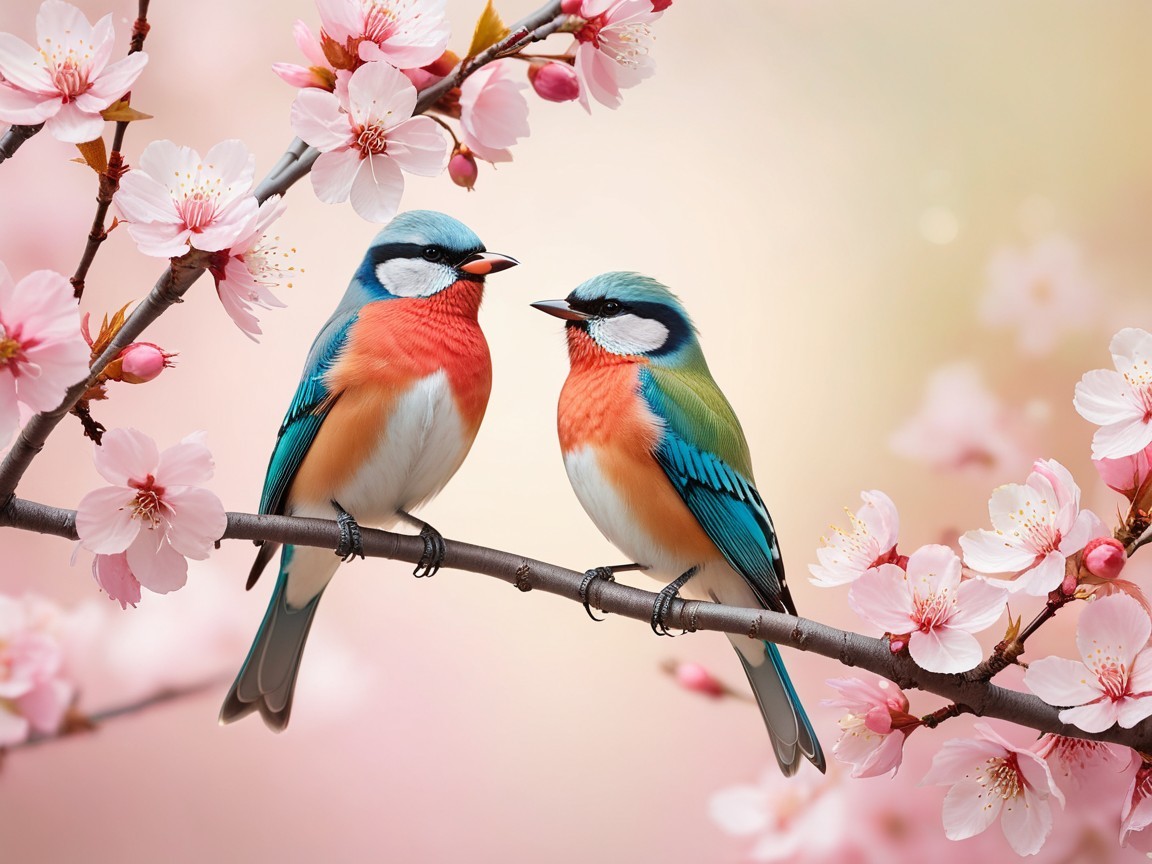 Vibrant Birds on Cherry Blossom Branch in Spring