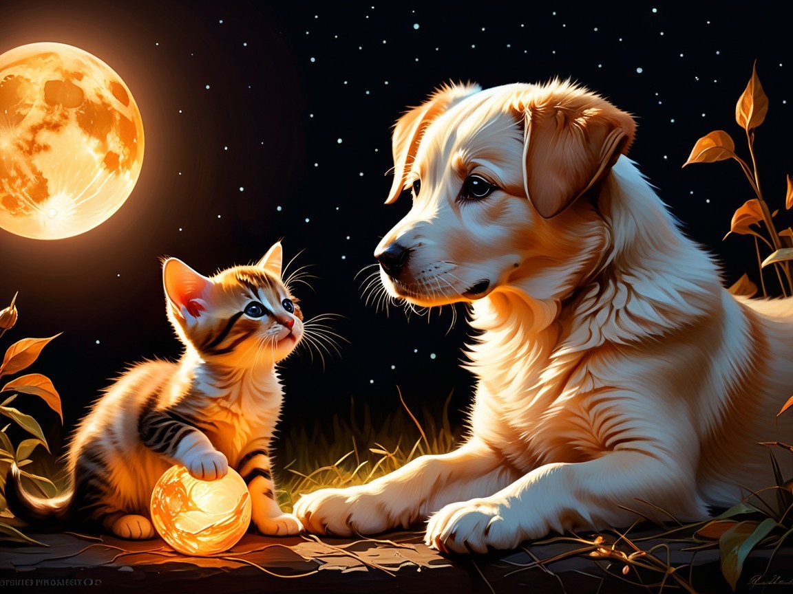 Golden Retriever and Kitten Under Starry Night Sky