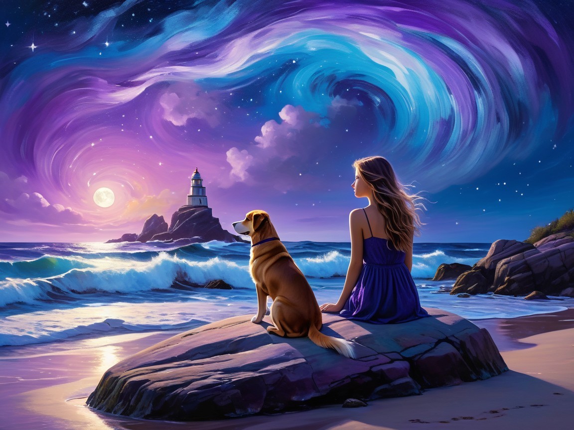 Coastal Dusk Scene with Girl, Dog, and Lighthouse