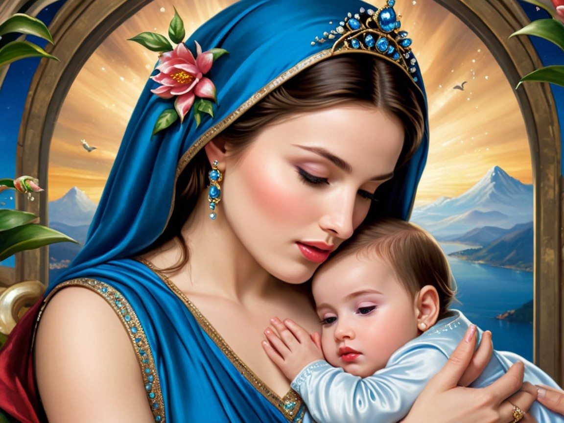 Mother and Infant in Serene Sunrise Setting