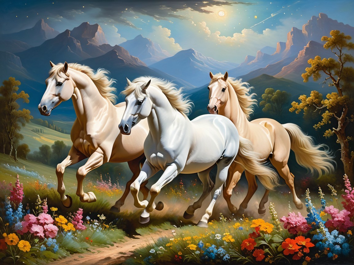 Three Horses Galloping in a Vibrant Meadow Landscape