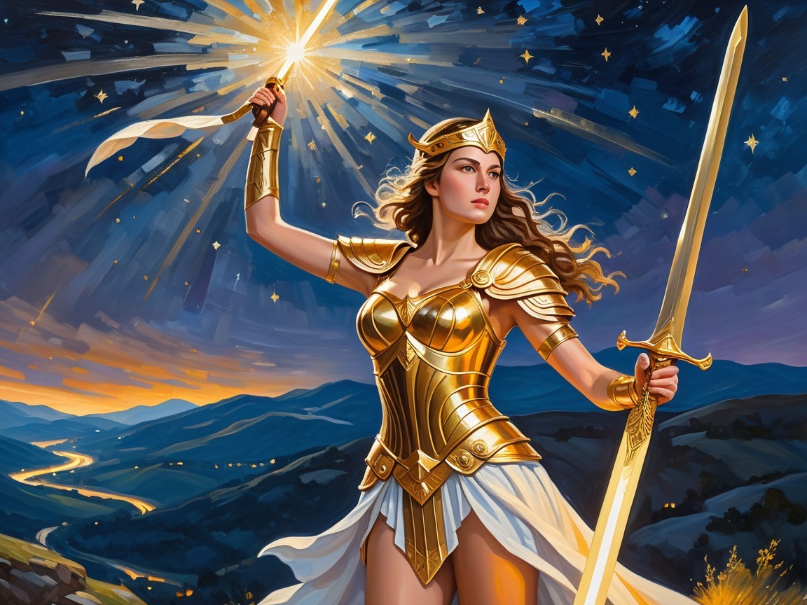 Heroic Figure in Golden Armor Against Starry Sky