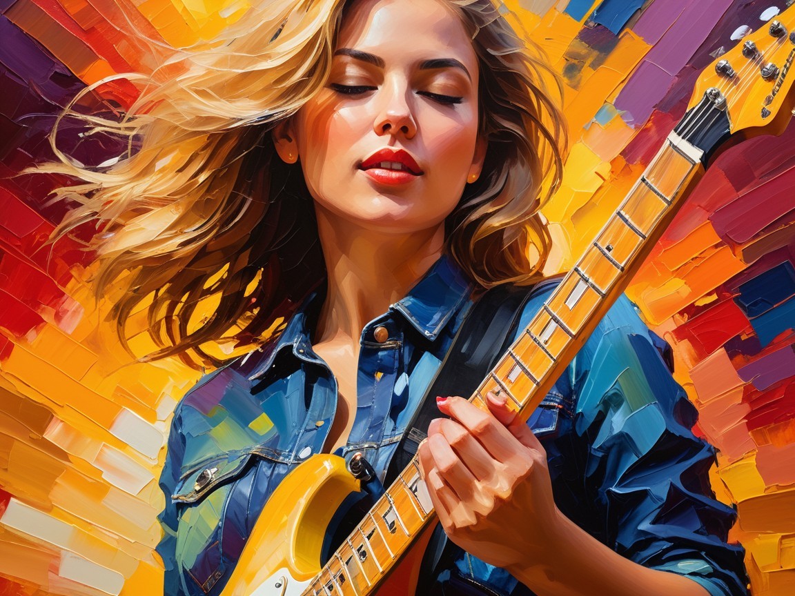 Young woman playing electric guitar in vibrant setting