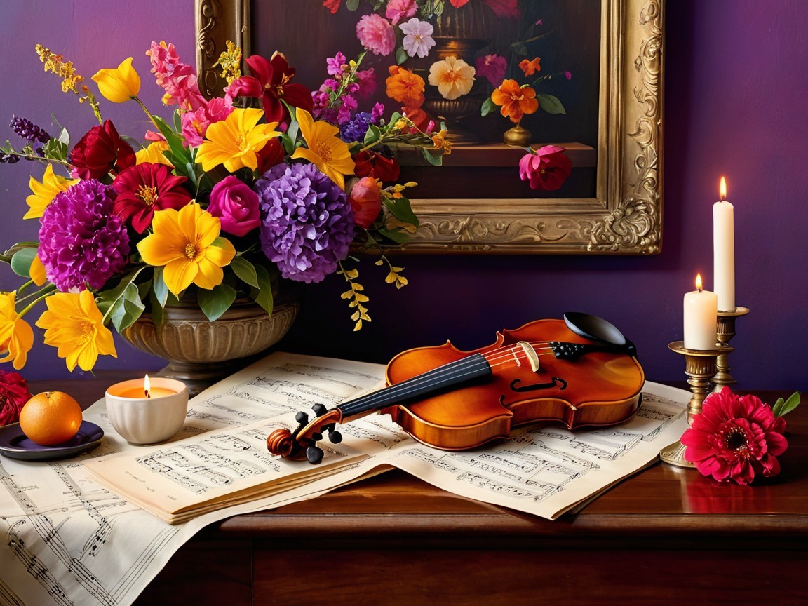 Vibrant Floral Arrangement with Violin and Candle