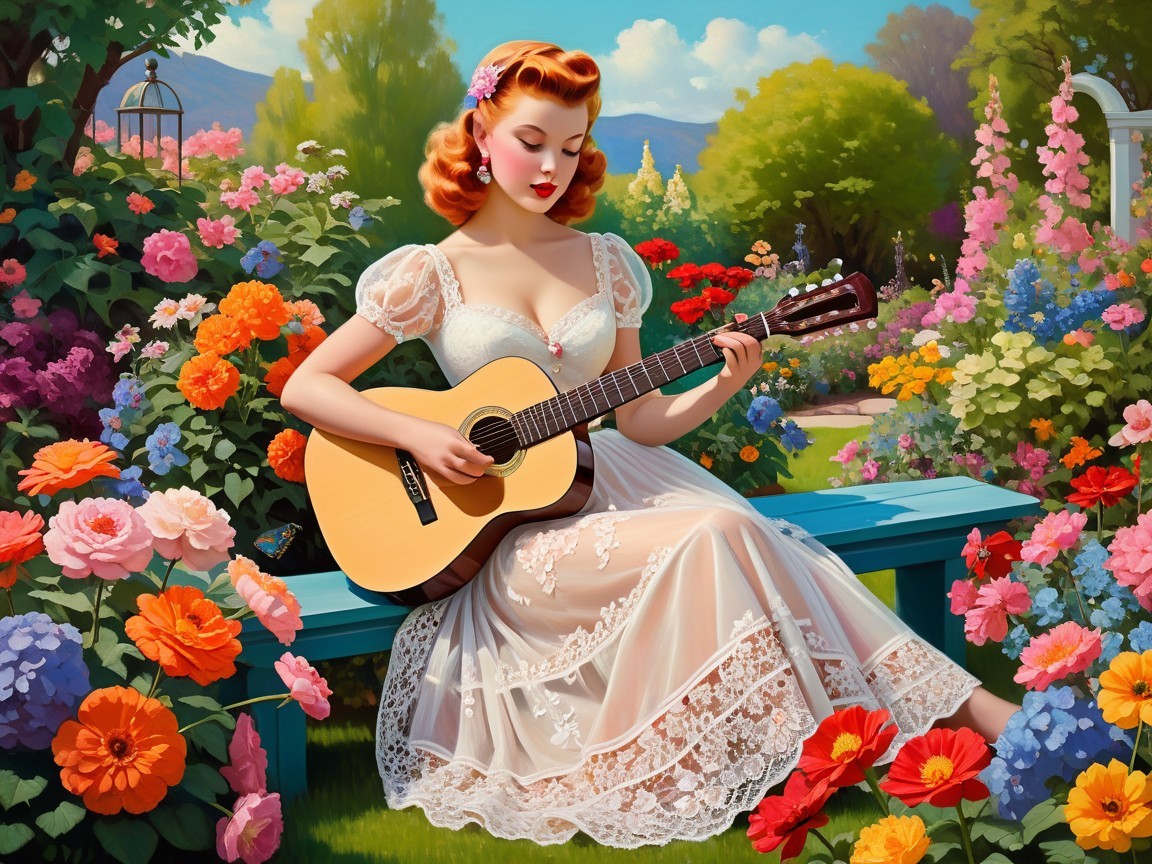 Young Woman with Red Hair in Colorful Garden Scene