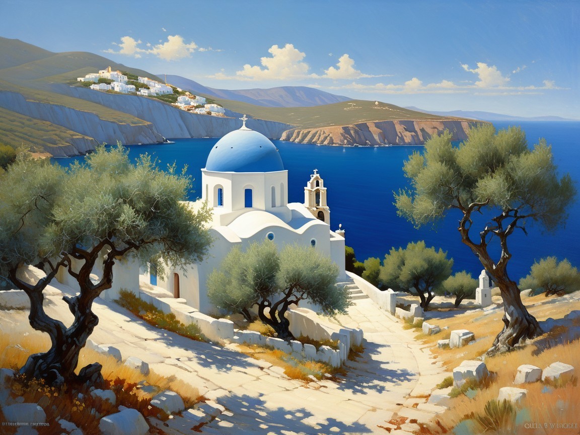 Mediterranean Coastal Scene with Church and Olive Trees