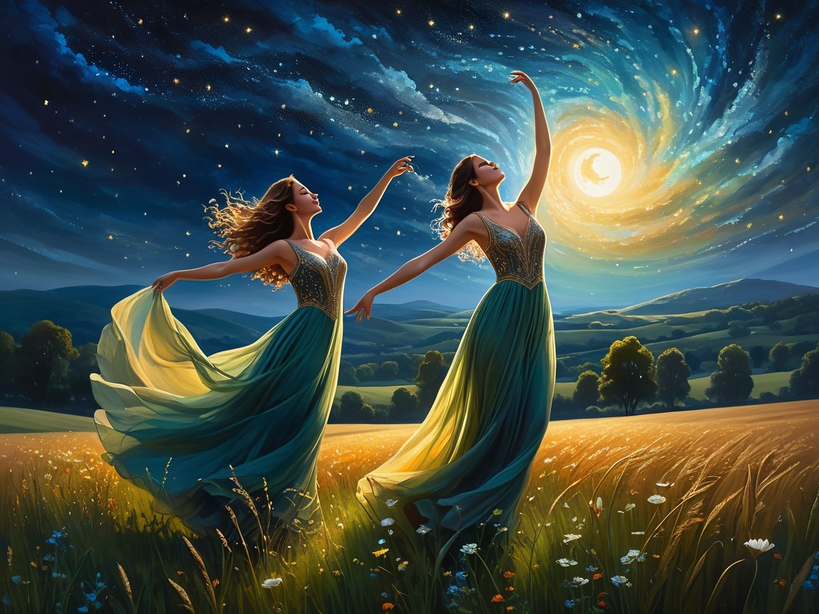 Ethereal Figures Dancing in a Moonlit Meadow
