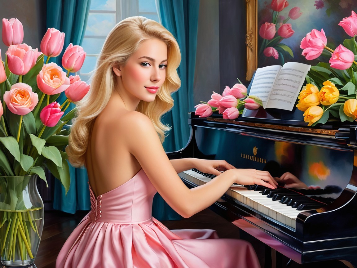 Young Woman in Pink Dress Playing Grand Piano
