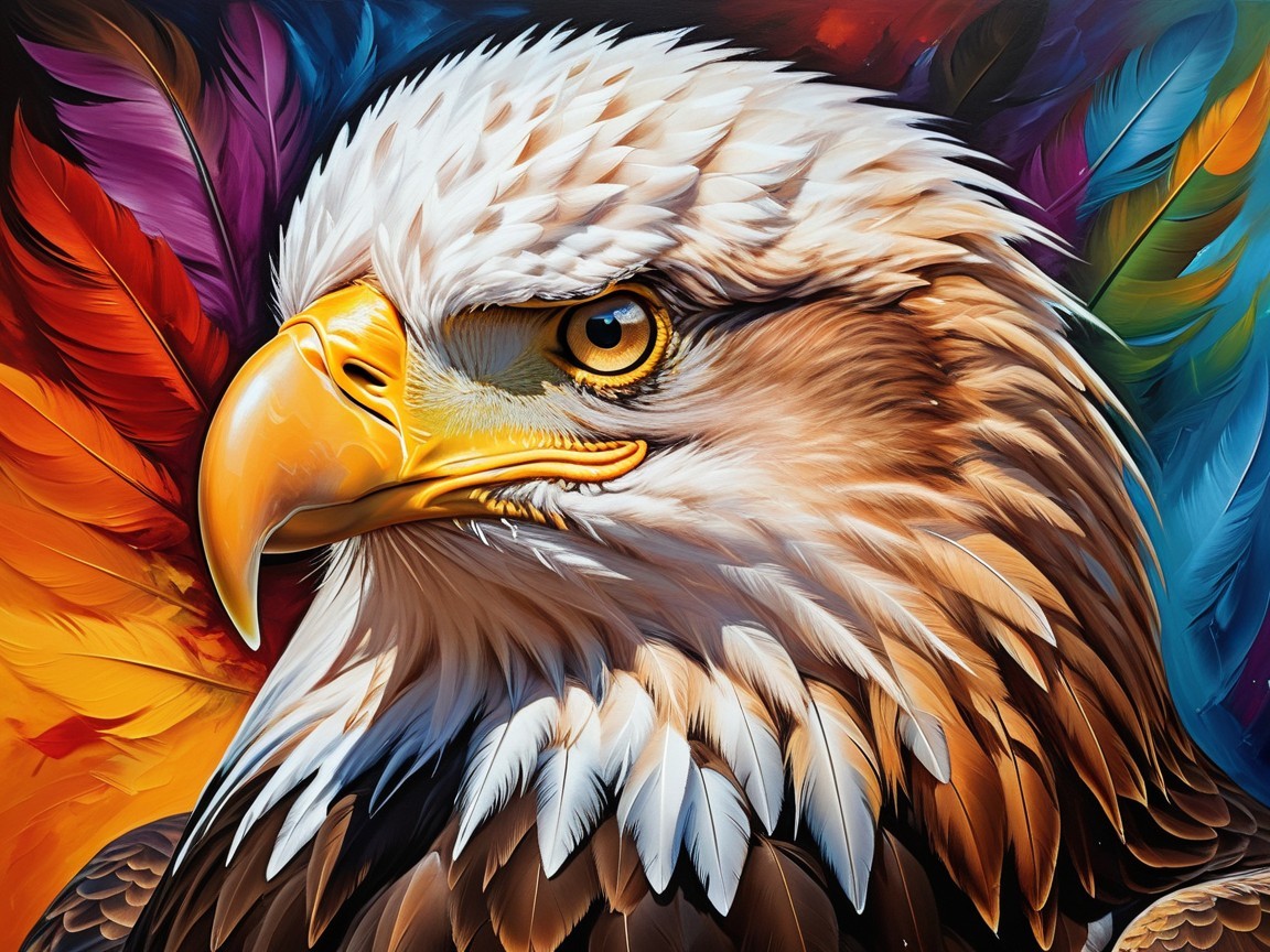 Majestic eagle portrait with vibrant feather background