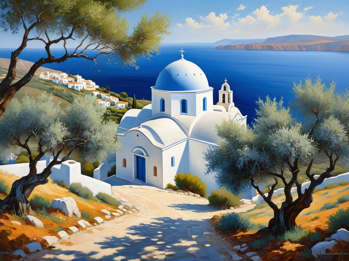 Traditional Church by the Seaside with Olive Trees