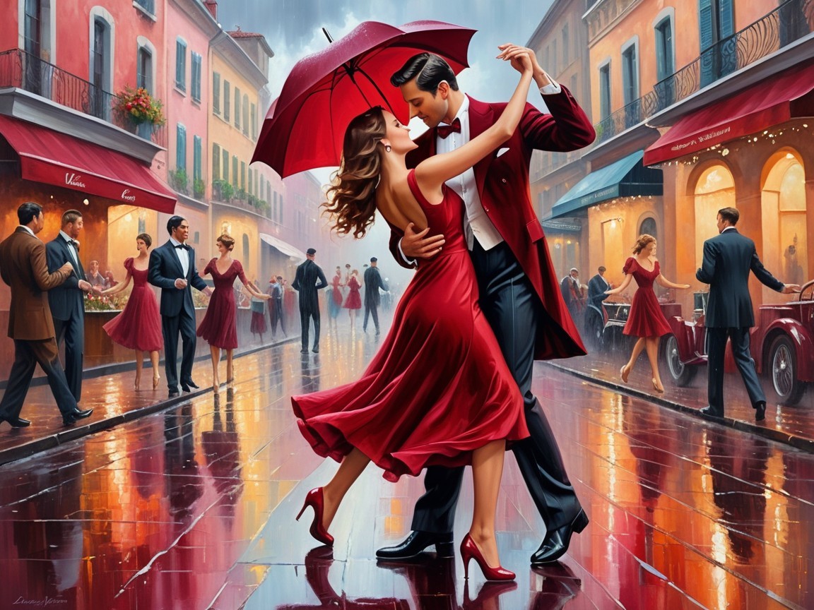 Couple Dancing Under Red Umbrella in Rainy Street Scene