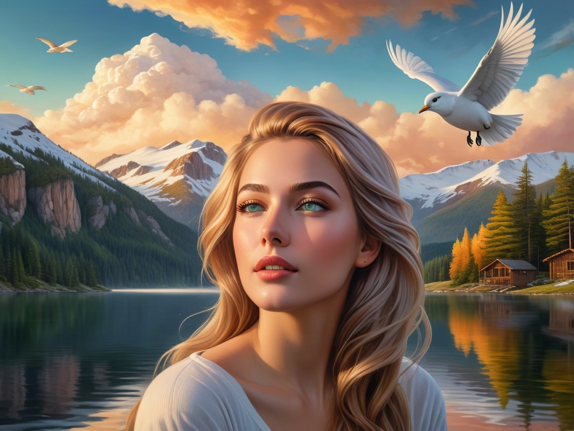 Serene landscape with a thoughtful young woman and nature