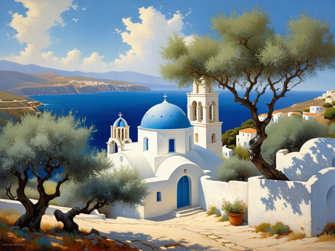 Serene Greek Landscape with White Church and Sea View