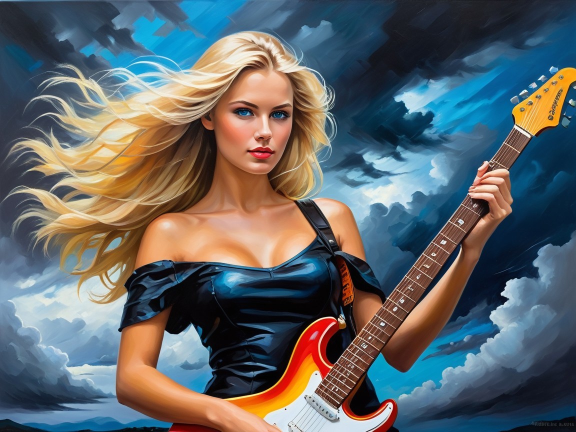 Portrait of a Young Woman with Electric Guitar and Dramatic Sky