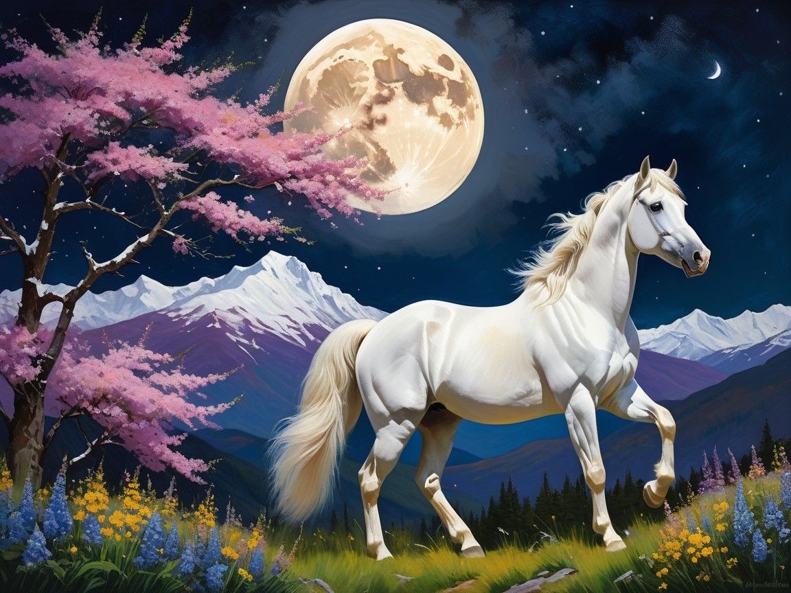 Majestic white horse in a vibrant cherry blossom landscape