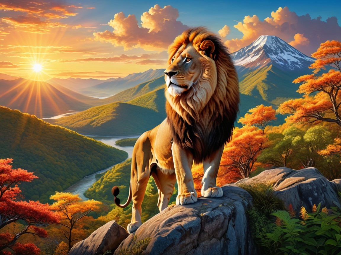 Lion on Rocky Outcrop Overlooking Autumn Landscape