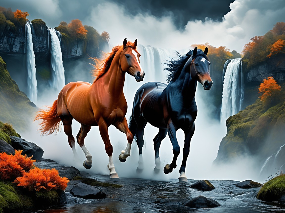 Horses Galloping Through a Misty Autumn Landscape