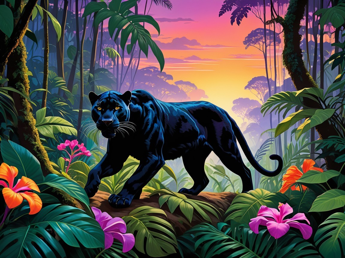 Black Panther in Lush Jungle at Sunset