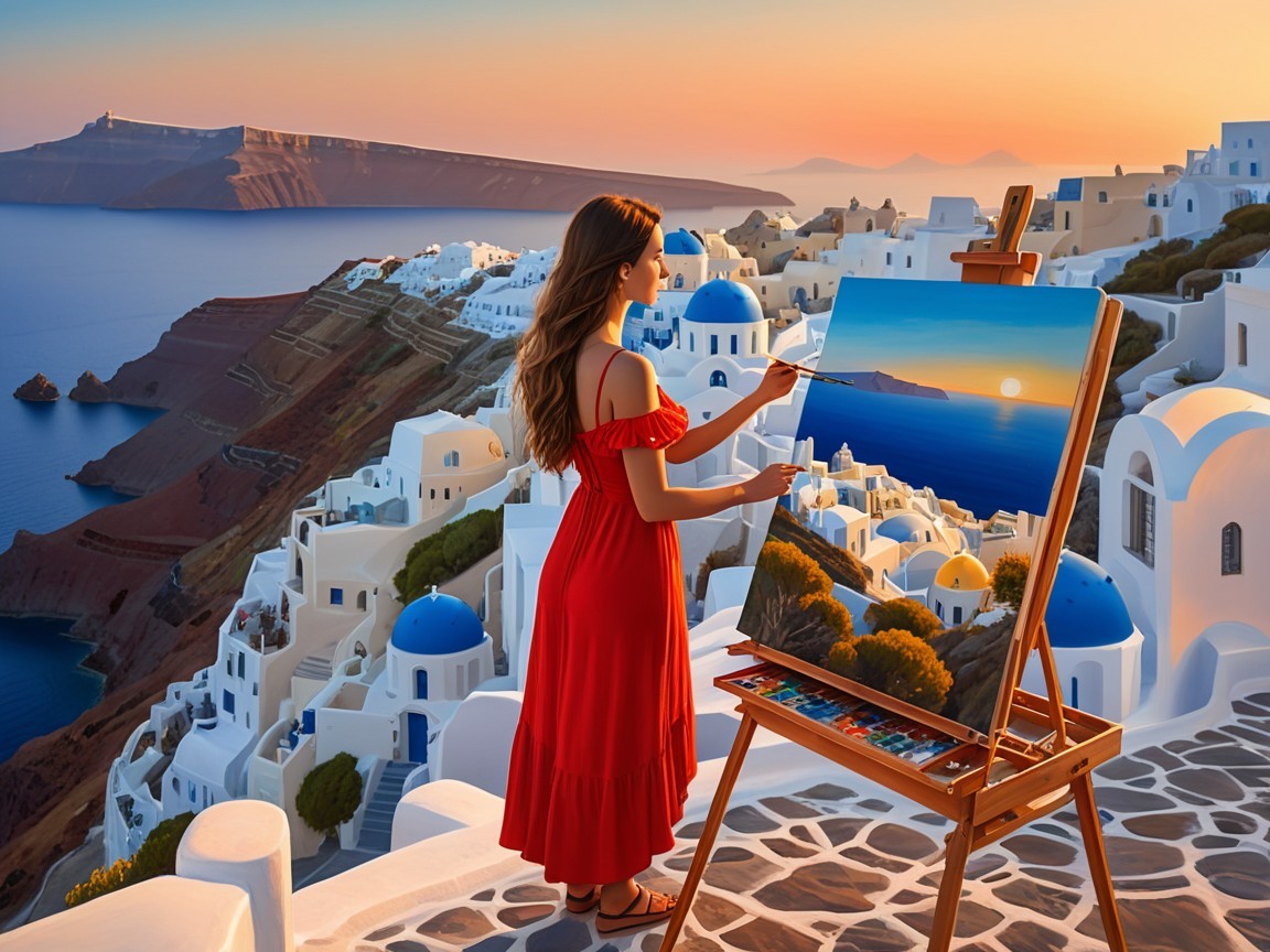 Woman in Red Dress Painting Santorini Sunset Scene