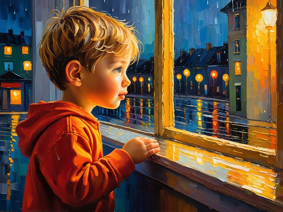 Young Boy Contemplating Rainy Evening at Window