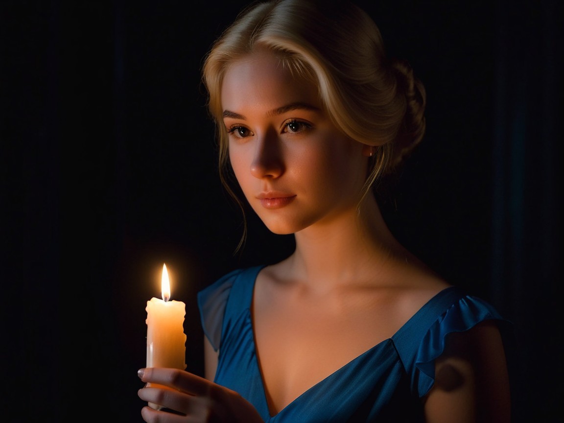Young Woman in Blue Dress with Lit Candle