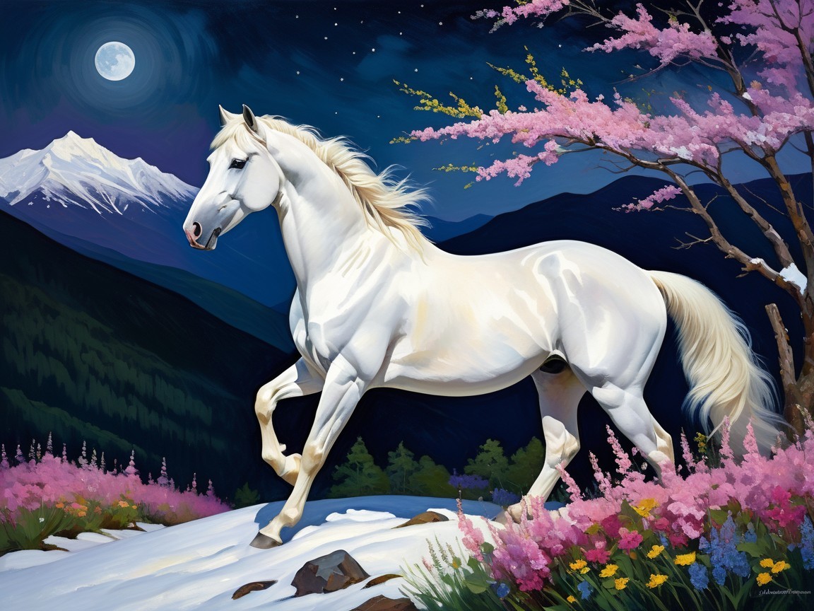 Majestic White Horse in Serene Moonlit Landscape