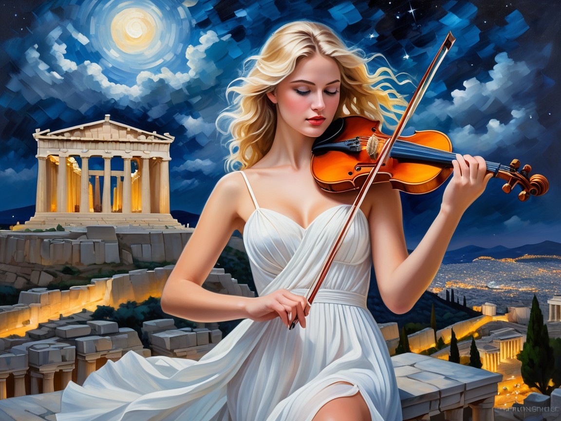 Woman in White Dress Playing Violin by Acropolis at Night