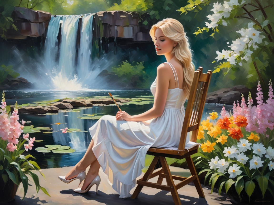 Tranquil Pond Scene with Woman and Waterfall