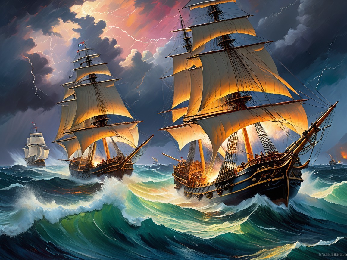 Tall Ships Battling Stormy Waves and Dark Skies