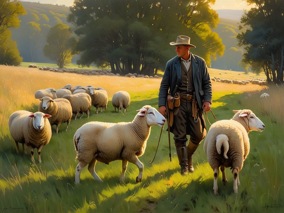 Shepherd in Sunlit Field with Flock of Sheep