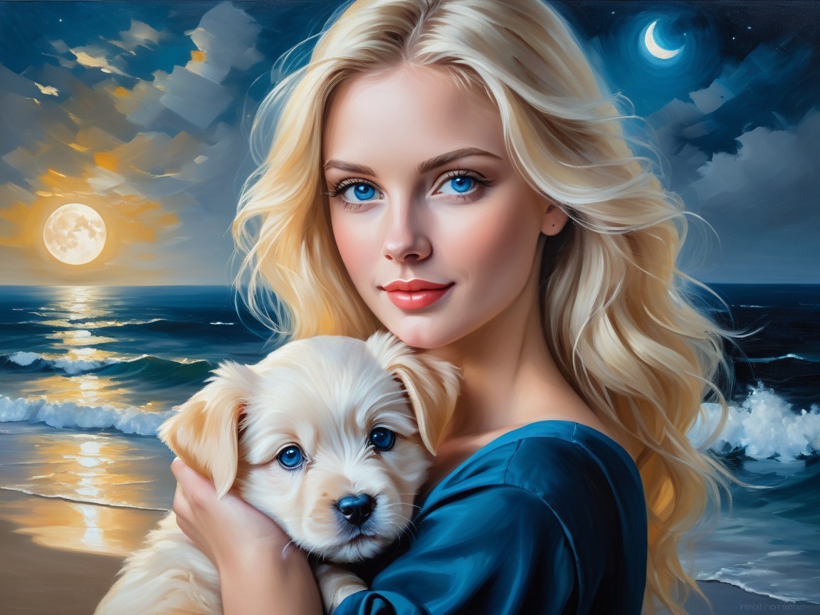 Serene portrait of a woman with a puppy at sunset
