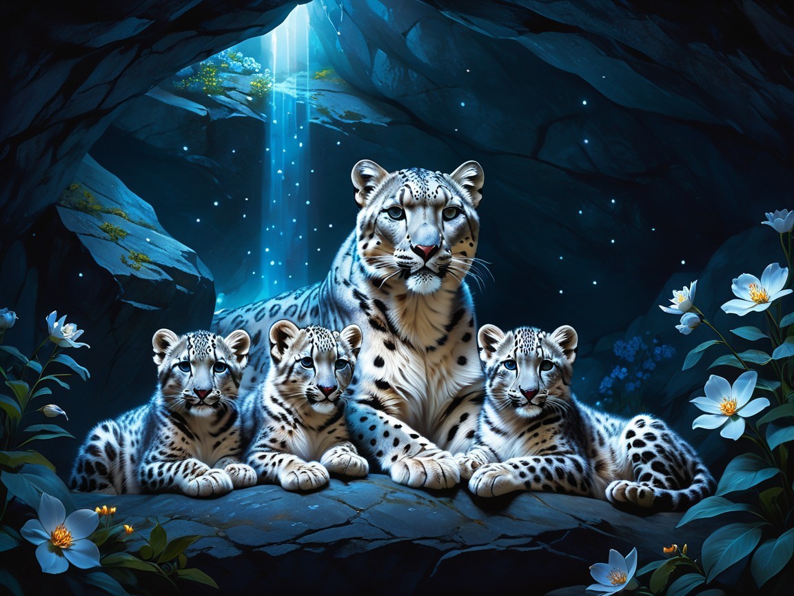 Snow leopard with cubs in a tranquil cave setting