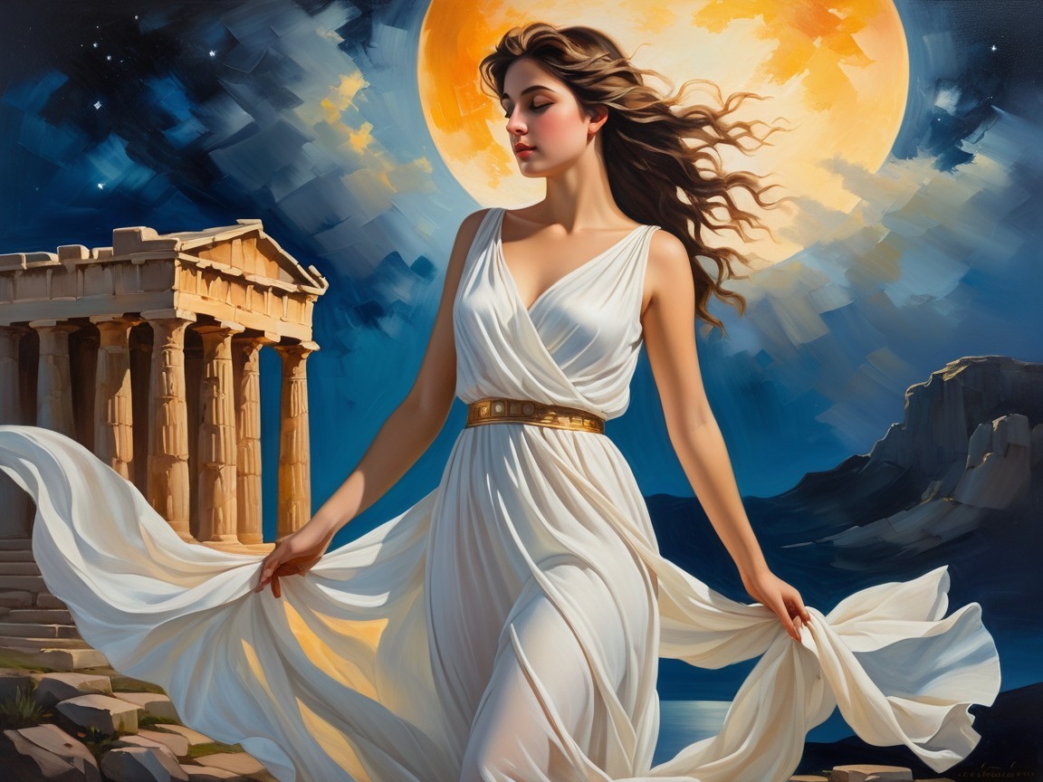Serene Woman in White Dress Against Full Moon and Ruins