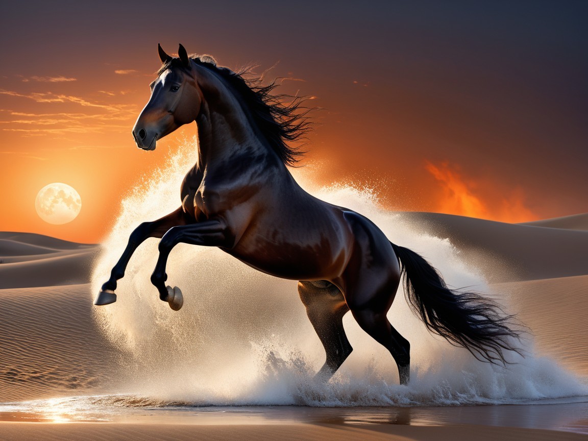 Majestic horse rearing in desert at sunset and moonrise