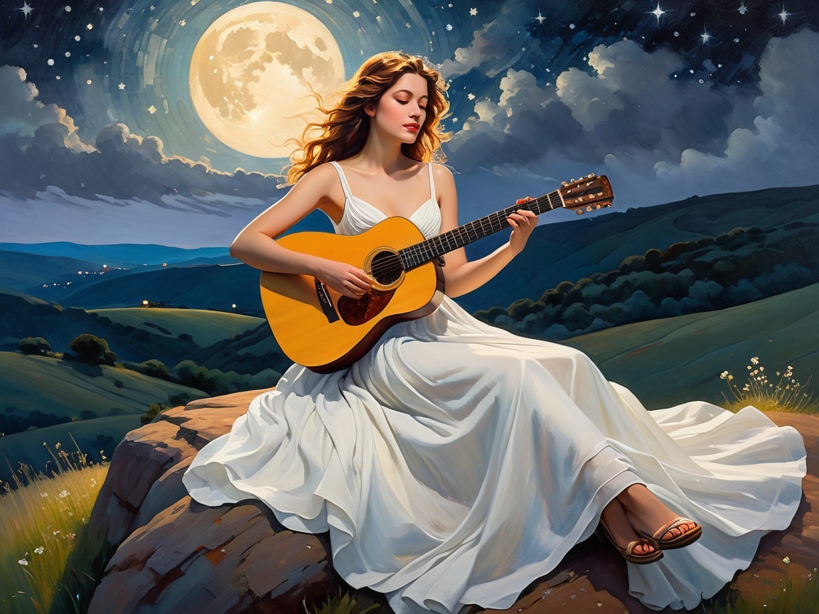 Young Woman Playing Guitar Under Full Moonlight