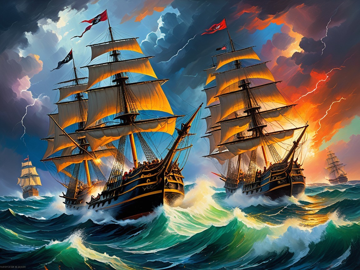 Dramatic Seascape with Ships in Naval Battle